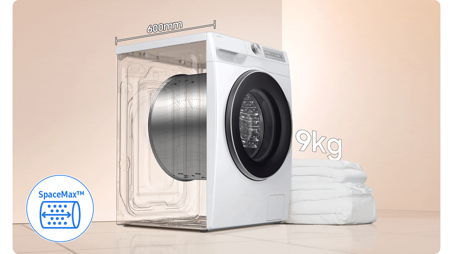 Κάτω αριστερά, η λειτουργία SpaceMax™ εμφανίζεται στο εικονίδιο. Το βάθος του τυμπάνου πλύσης έχει αυξηθεί στα 600mm και η χωρητικότητα έχει αυξηθεί από 9kg σε 11kg. Μπορεί να πλύνει ακόμα και μεγάλο πάπλωμα.